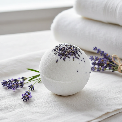 Lavender Goat Milk Bath Bomb in calming setting