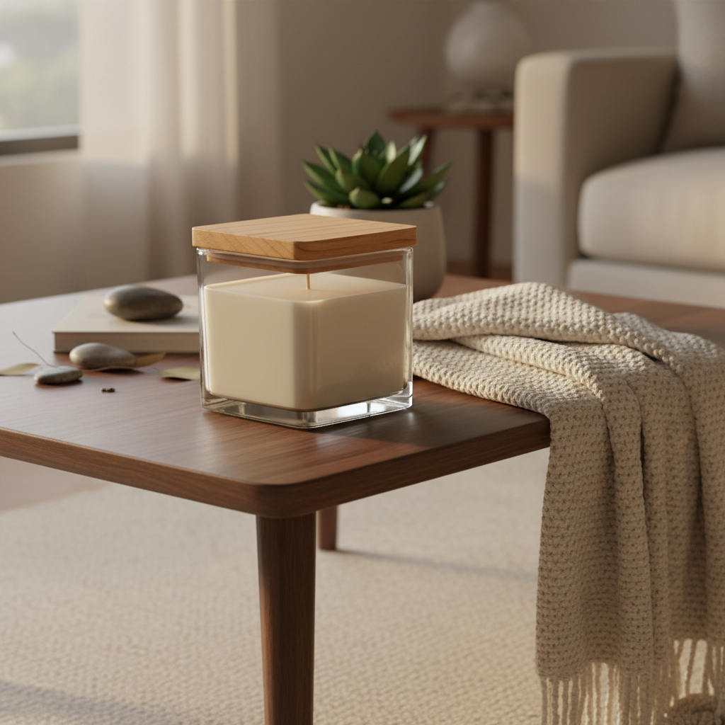 Square John jar candle with timber lid